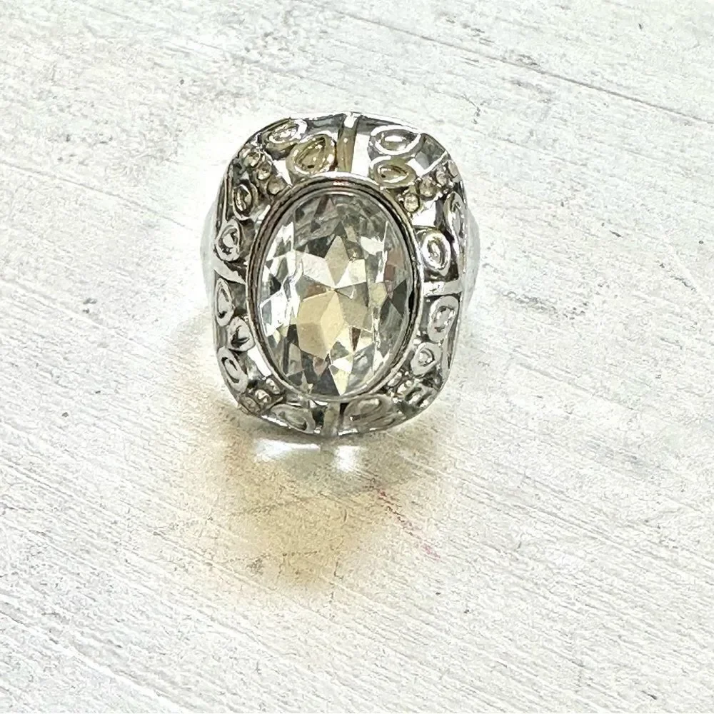 Silver tone rhinestone ring